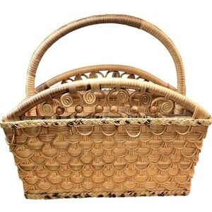 Wicker Magazine Holder Rattan VTG‎ MCM Beads Braided Handle Decorative 15x16x8.5